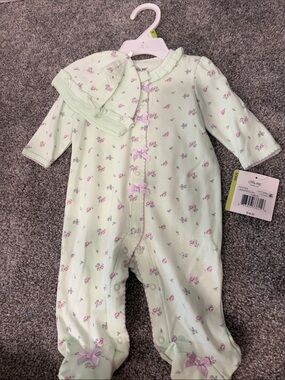 Little Me Mint Green Floral Footed Pajamas with Pink Bows